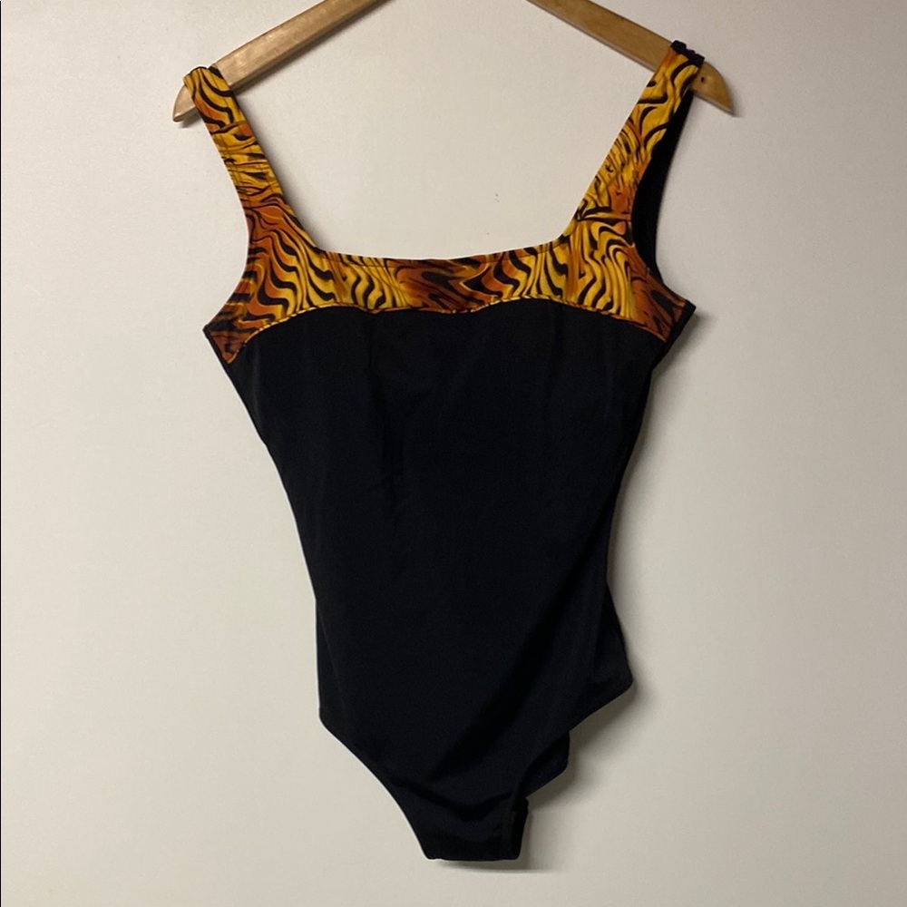 IT FIGURES Flattering Black and Orange One Piece Swimsuit with Sporty Design
